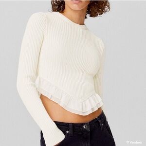 Bershka Cream Ribbed Crop Top with Ruffle Hem